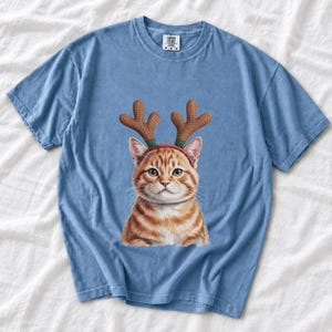 Comfort Colors Cat Reindeer Antlers Shirt, Orange Tabby Cat Christmas Tee, Grumpy Cat Reindeer T-shirt, Cat Mom Holiday Shirt, Cat Xmas Tee