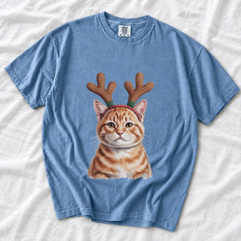 Comfort Colors Cat Reindeer Antlers Shirt, Orange Tabby Cat Christmas Tee, Grumpy Cat Reindeer T-shirt, Cat Mom Holiday Shirt, Cat Xmas Tee