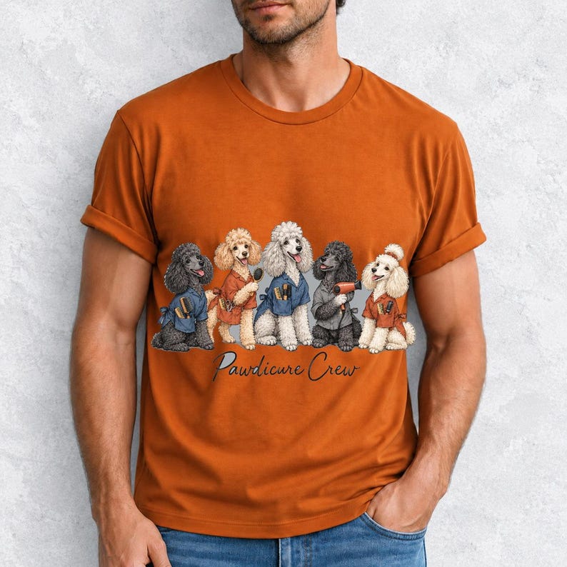 Illustrated poodles in salon smocks with brushes and a hair dryer, text Pawdicure Crew