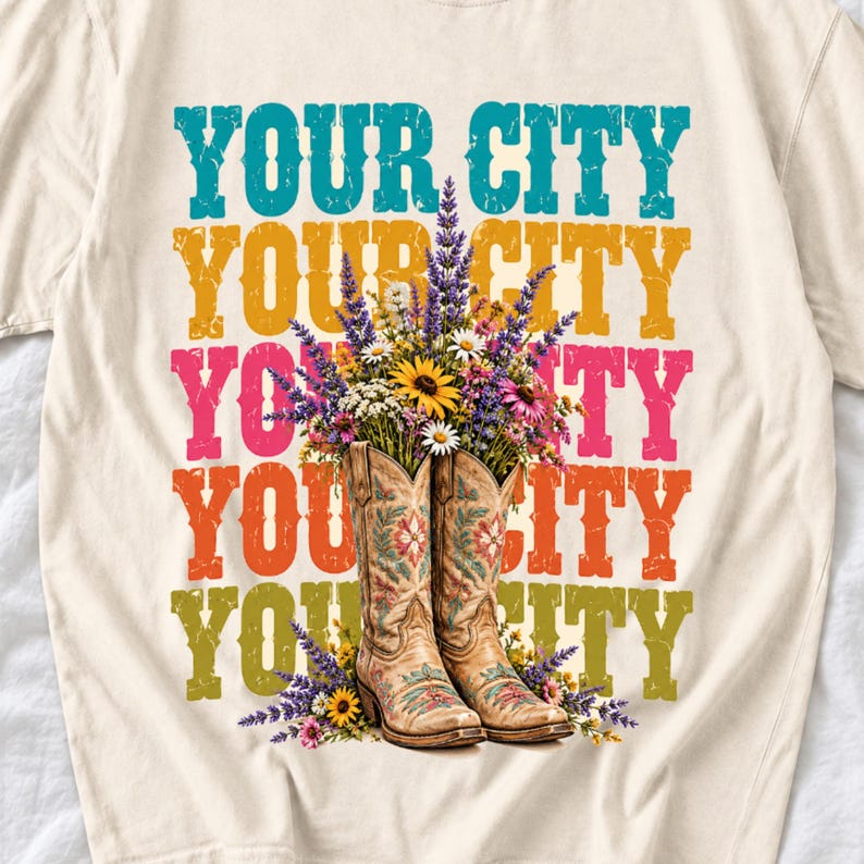 Tan cowboy boots with lavender and wildflowers over a five-line stacked personalized city word in retro colors