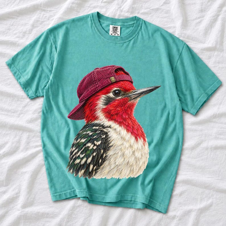 Colored-pencil red-headed woodpecker in side profile wearing a backwards corduroy cap, funny birder t-shirt graphic