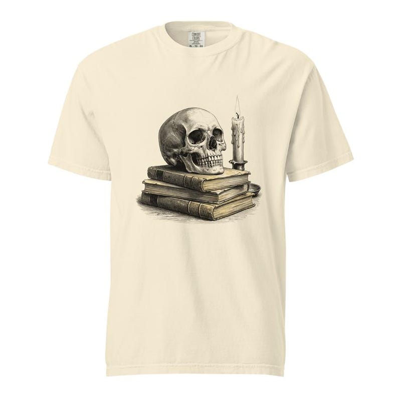 Memento Mori Skull Shirt, Skull and Candle Tee, Comfort Colors Skull Book Lover T-shirt, Gothic Vanitas Skull Shirt image 4