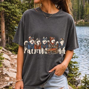 Illustrated huskies in ski gear lined up with a sled, text Sled Team