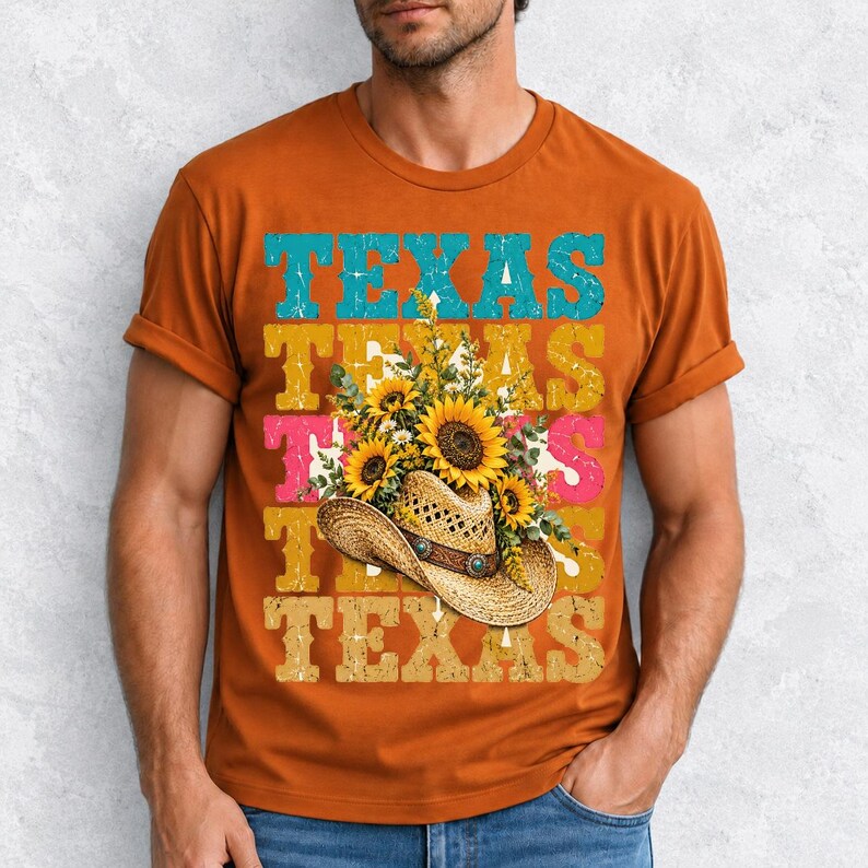 Straw cowboy hat full of sunflowers over a five-line stacked TEXAS word in retro western colors