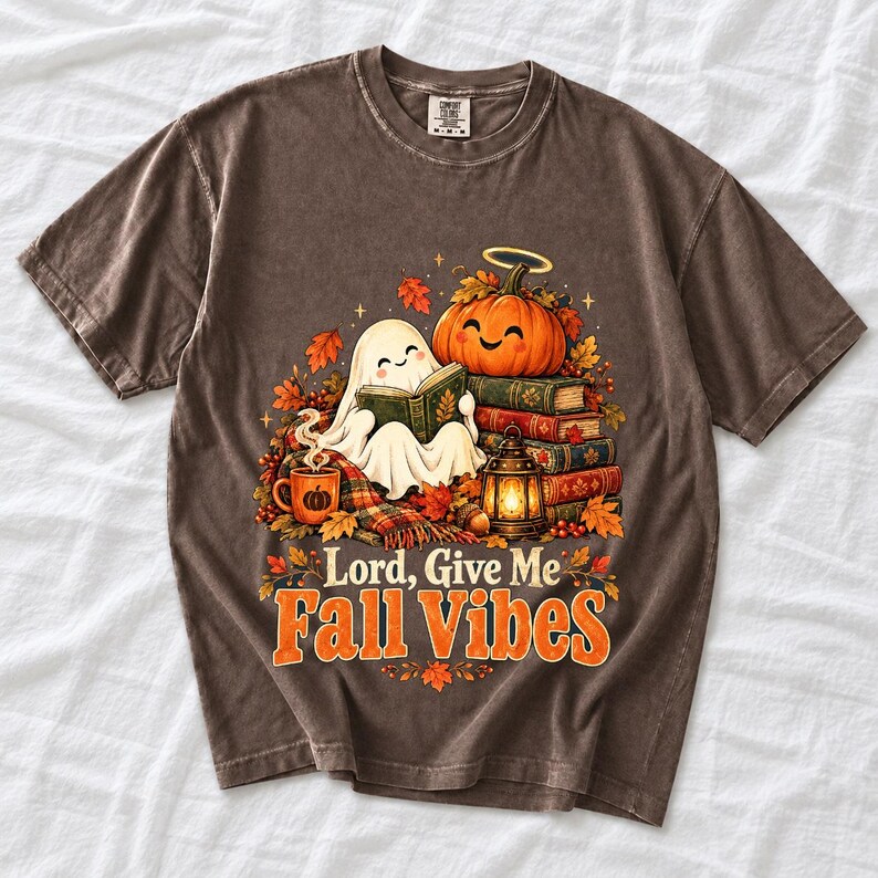 Smiling pumpkin with a halo beside a stack of books and a lantern, text "Lord, Give Me Fall Vibes", retro fall illustration
