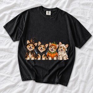 Realistic illustration of four corgi puppies in wizard, bat, pumpkin and mummy costumes in a row