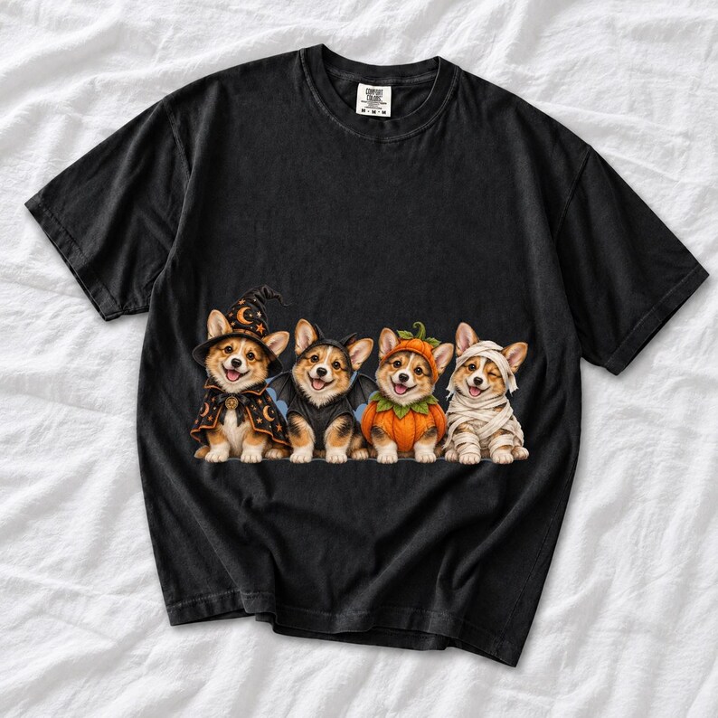 Realistic illustration of four corgi puppies in wizard, bat, pumpkin and mummy costumes in a row