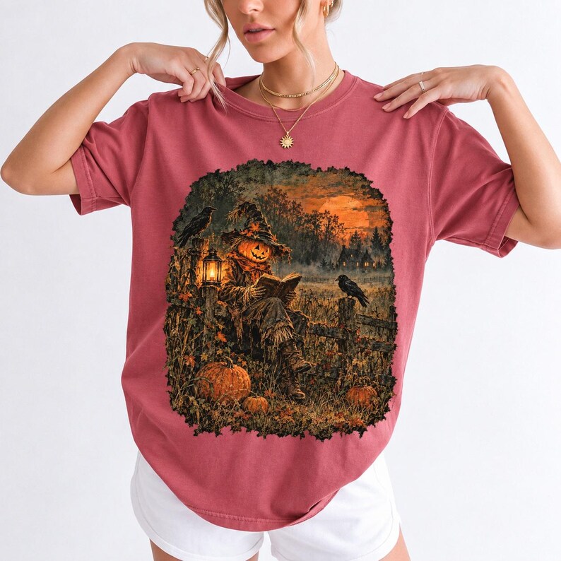 Vintage oil painting of a pumpkin-headed scarecrow reading by lantern in a misty field at dusk with crows on a fence