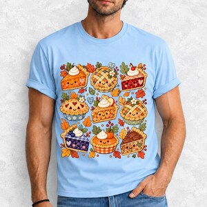 Grid of cute pie slices and mini pies with faces, lattice crusts and autumn leaves in patchwork sticker style