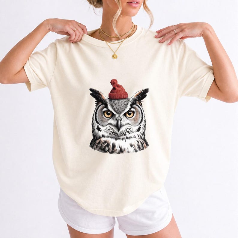 Comfort Colors Owl Santa Hat Shirt, Sketch Owl Christmas Tee, Great Horned Owl Winter T-shirt, Owl Lover Holiday Shirt, Bird Lover Owl Tee
