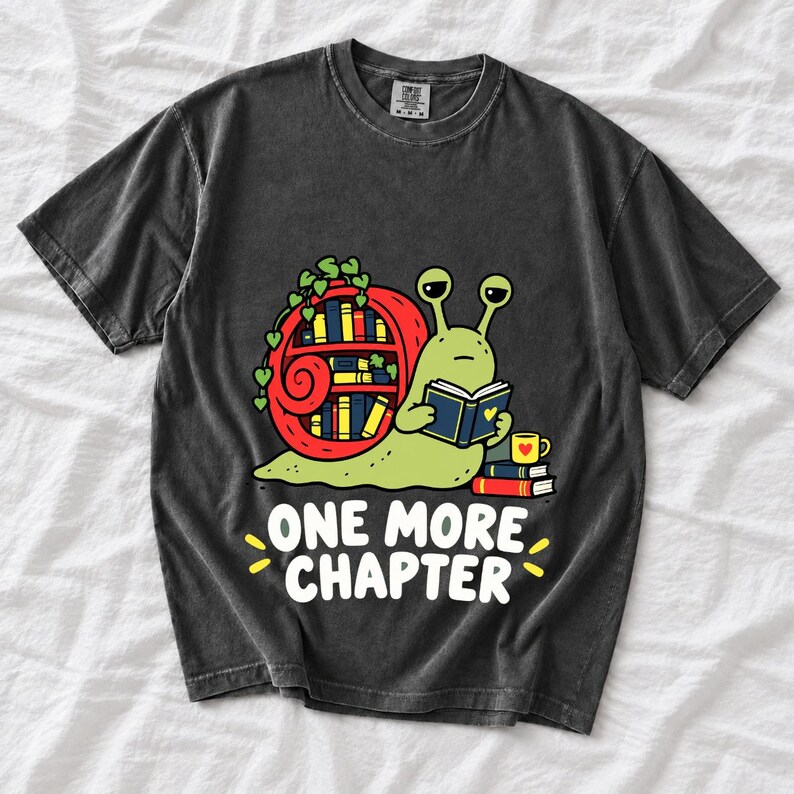 Cartoon snail reading a book with a bookshelf shell and the text One More Chapter
