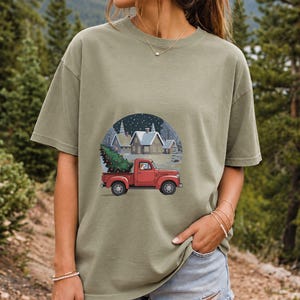 Comfort Colors Red Truck Christmas Tree Shirt, Retro Christmas Truck Tee, Snowy Village Red Truck T-shirt, Farmhouse Christmas Shirt