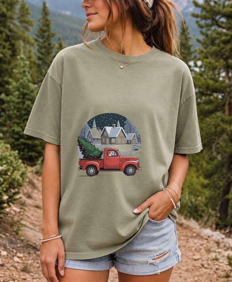 Comfort Colors Red Truck Christmas Tree Shirt, Retro Christmas Truck Tee, Snowy Village Red Truck T-shirt, Farmhouse Christmas Shirt