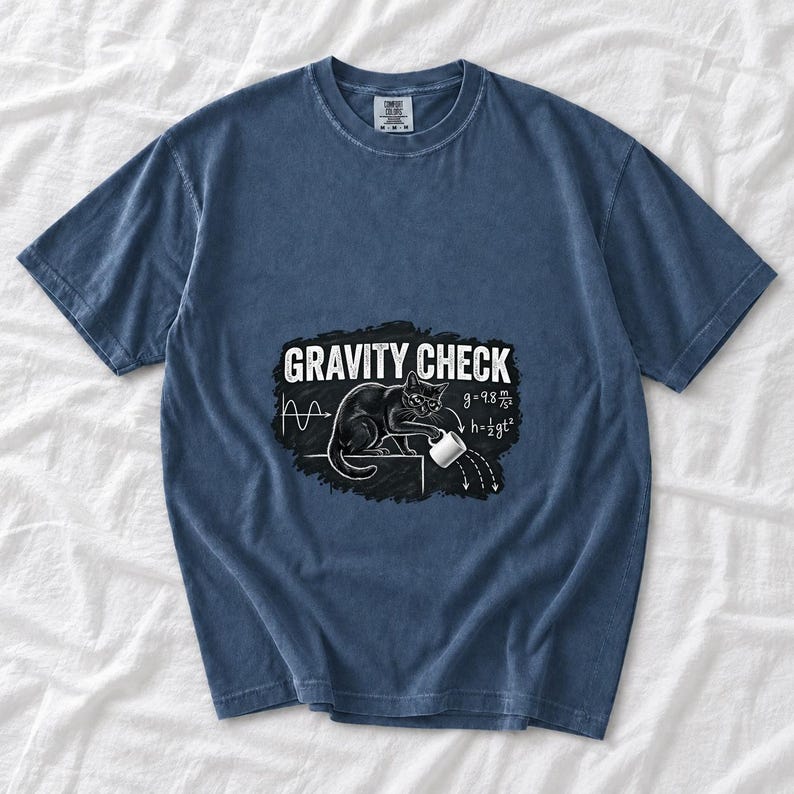 Gravity Check Black Cat Physics Comfort Colors Shirt product mockup, image 2
