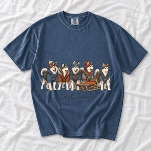 Illustrated huskies in ski gear lined up with a sled, text Sled Team