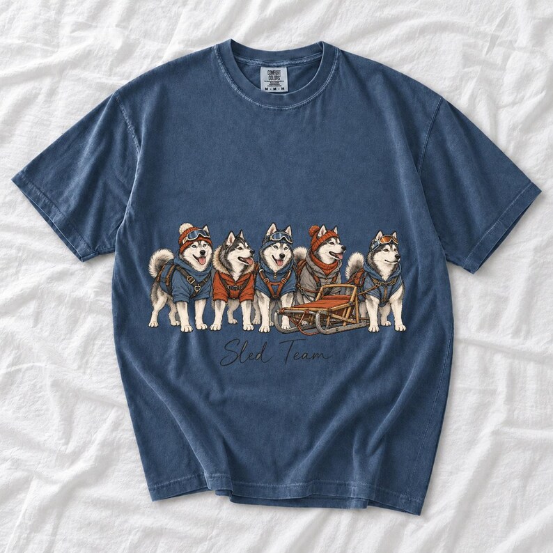 Illustrated huskies in ski gear lined up with a sled, text Sled Team