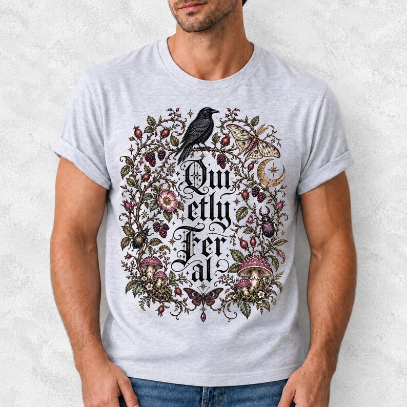 Raven on a wild rose branch with beetles and berries around blackletter text "Quietly Feral"