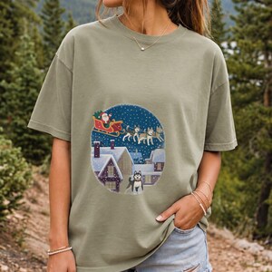 Comfort Colors Santa Sleigh Huskies Shirt, Christmas Village Husky Tee, Retro Santa Sled Dogs T-shirt, Husky Lover Holiday Shirt, Husky Tee