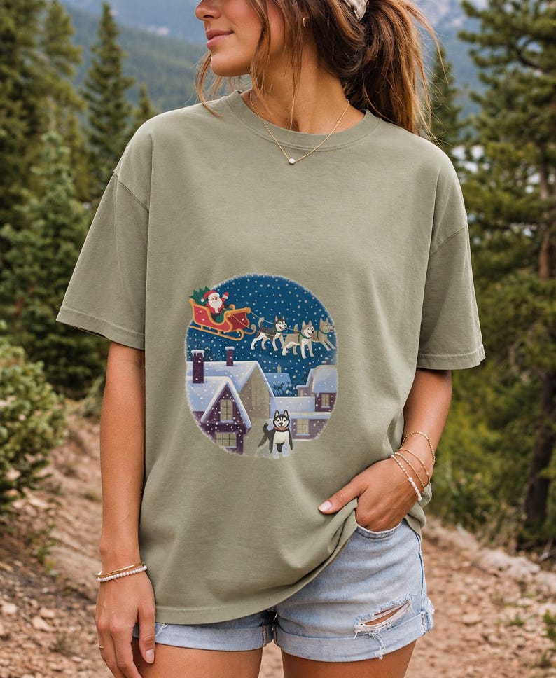 Comfort Colors Santa Sleigh Huskies Shirt, Christmas Village Husky Tee, Retro Santa Sled Dogs T-shirt, Husky Lover Holiday Shirt, Husky Tee