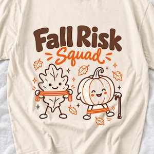 Kawaii leaf and pumpkin characters doing physical therapy with resistance bands and a cane, text Fall Risk Squad
