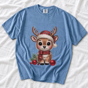 Comfort Colors Baby Reindeer Christmas Shirt, Cute Reindeer Santa Hat Tee, Christmas Reindeer T-shirt, Plaid Reindeer Holiday Shirt