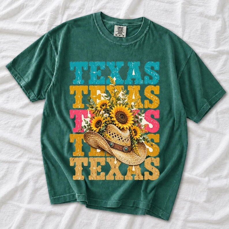 Straw cowboy hat full of sunflowers over a five-line stacked TEXAS word in retro western colors