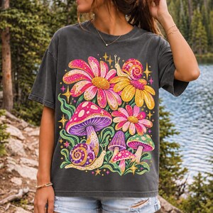 Retro 70s psychedelic glitter daisies and snails with groovy stars in pink, mustard, violet and mint