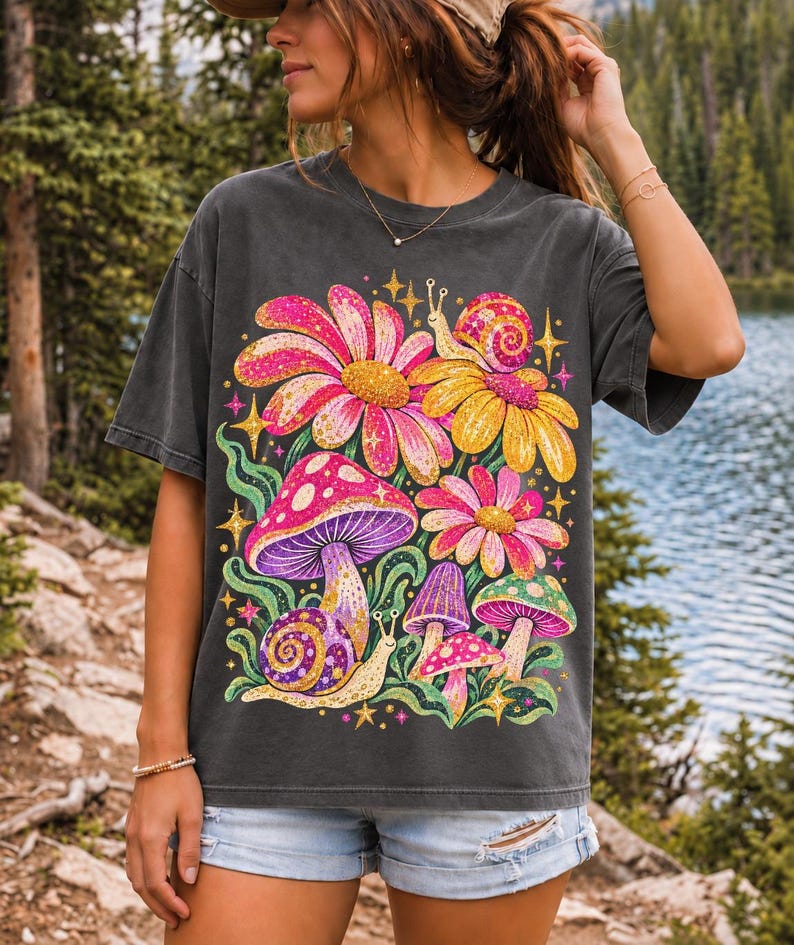 Retro 70s psychedelic glitter daisies and snails with groovy stars in pink, mustard, violet and mint
