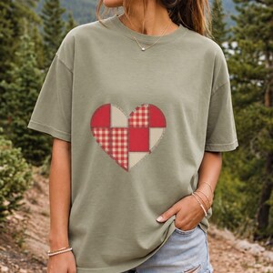 Comfort Colors Gingham Patchwork Heart Shirt, Red Heart Valentine Tee, Red Plaid Heart T-shirt, Valentines Day Heart Shirt Women