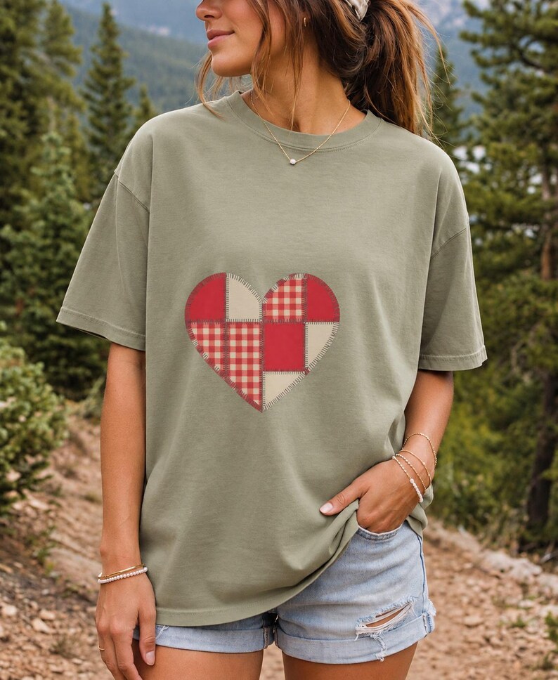 Comfort Colors Gingham Patchwork Heart Shirt, Red Heart Valentine Tee, Red Plaid Heart T-shirt, Valentines Day Heart Shirt Women
