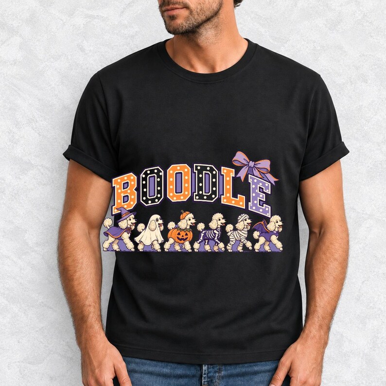 Six poodles in Halloween costumes walking under the arched word BOODLE, lavender and orange polka-dot varsity style
