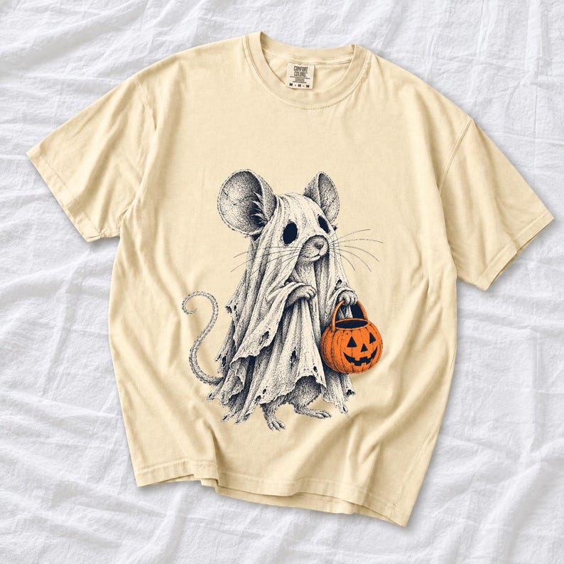 Etched pen illustration of a small mouse in a sheet ghost costume holding a candy bucket, bone white with orange accent