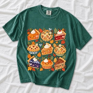 Grid of cute pie slices and mini pies with faces, lattice crusts and autumn leaves in patchwork sticker style