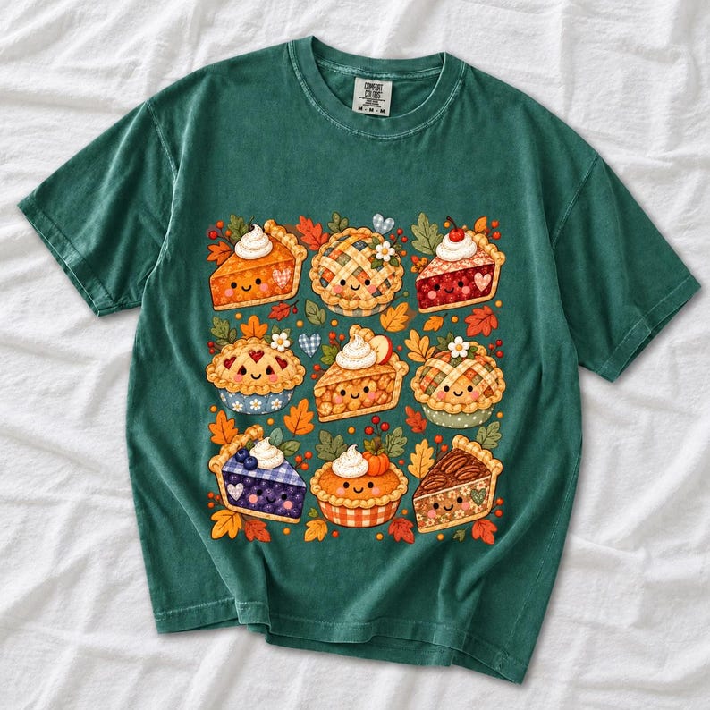 Grid of cute pie slices and mini pies with faces, lattice crusts and autumn leaves in patchwork sticker style