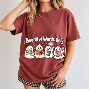 Four kawaii ghosts with flash cards, speech bubbles and books, text Boo-tiful Words Only