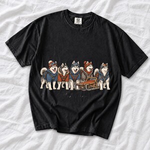 Illustrated huskies in ski gear lined up with a sled, text Sled Team
