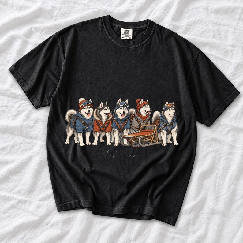 Illustrated huskies in ski gear lined up with a sled, text Sled Team