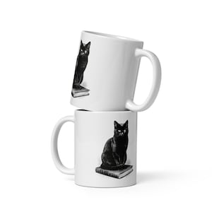 Black Cat Mug, Black Cat on Book Coffee Mug, Witchy Bookish Cat Cup, Gothic Black Cat Mug, Cat Lover Coffee Mug Gift image 1