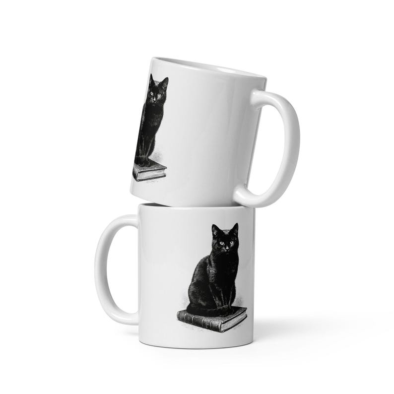 Black Cat Mug, Black Cat on Book Coffee Mug, Witchy Bookish Cat Cup, Gothic Black Cat Mug, Cat Lover Coffee Mug Gift image 1
