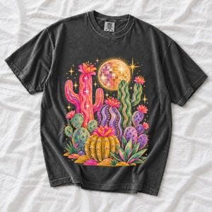 Retro 70s psychedelic glitter cacti with a disco ball moon in pink, mustard, violet and mint