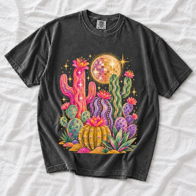 Retro 70s psychedelic glitter cacti with a disco ball moon in pink, mustard, violet and mint