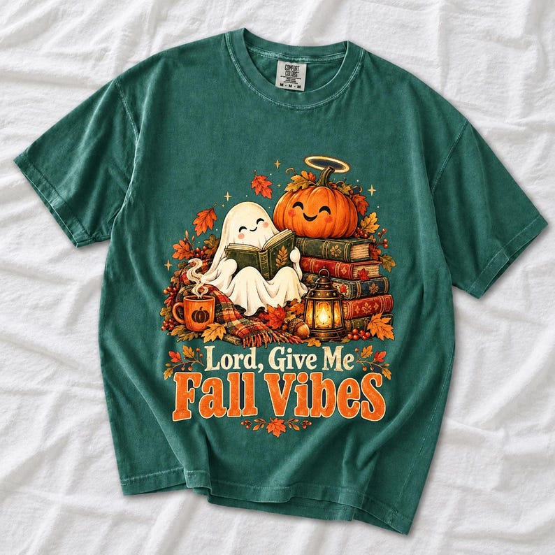Smiling pumpkin with a halo beside a stack of books and a lantern, text "Lord, Give Me Fall Vibes", retro fall illustration
