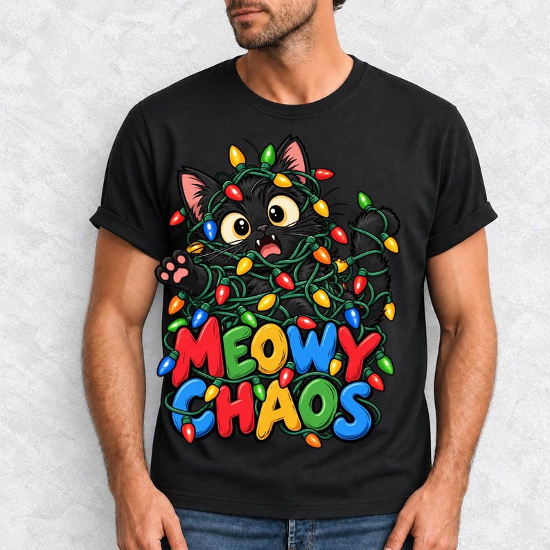 Чёрный кот в гирлянде «Meowy Chaos»