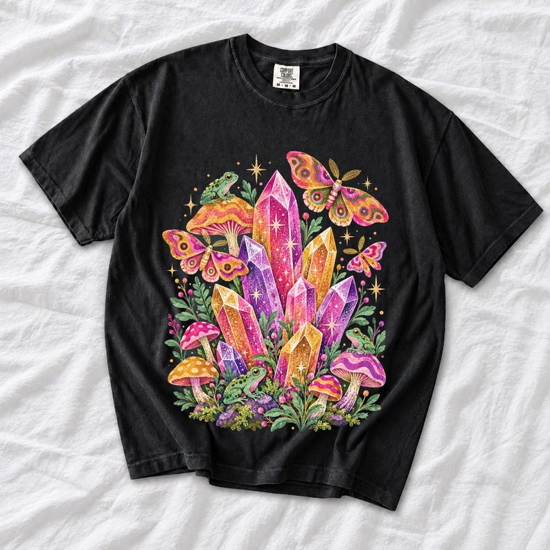 Retro 70s psychedelic glitter crystal cluster with moths and small frogs in pink, mustard, violet and mint
