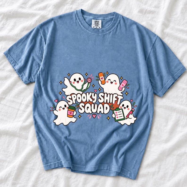 Four kawaii ghosts with stethoscope, bandages, coffee and clipboard, text Spooky Shift Squad