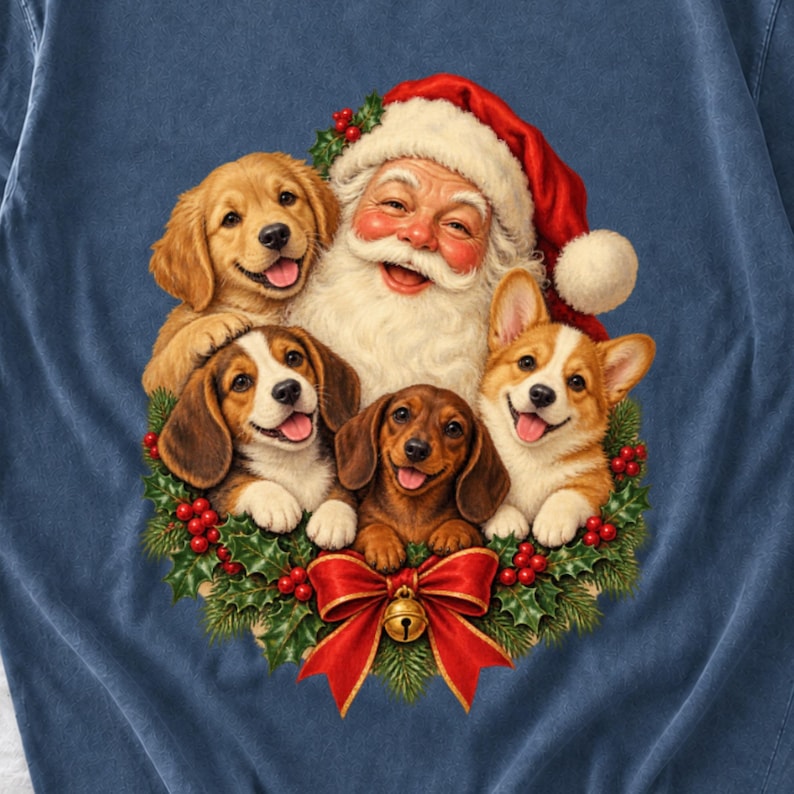 Santa puppies Christmas design close-up on Comfort Colors shirt