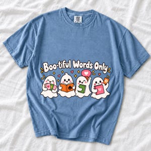 Four kawaii ghosts with flash cards, speech bubbles and books, text Boo-tiful Words Only
