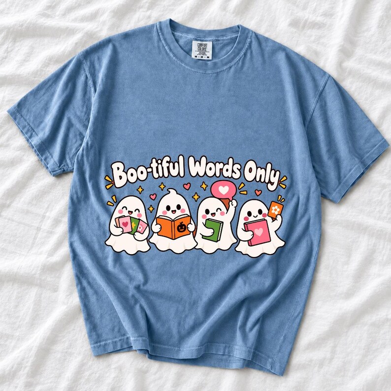 Four kawaii ghosts with flash cards, speech bubbles and books, text Boo-tiful Words Only
