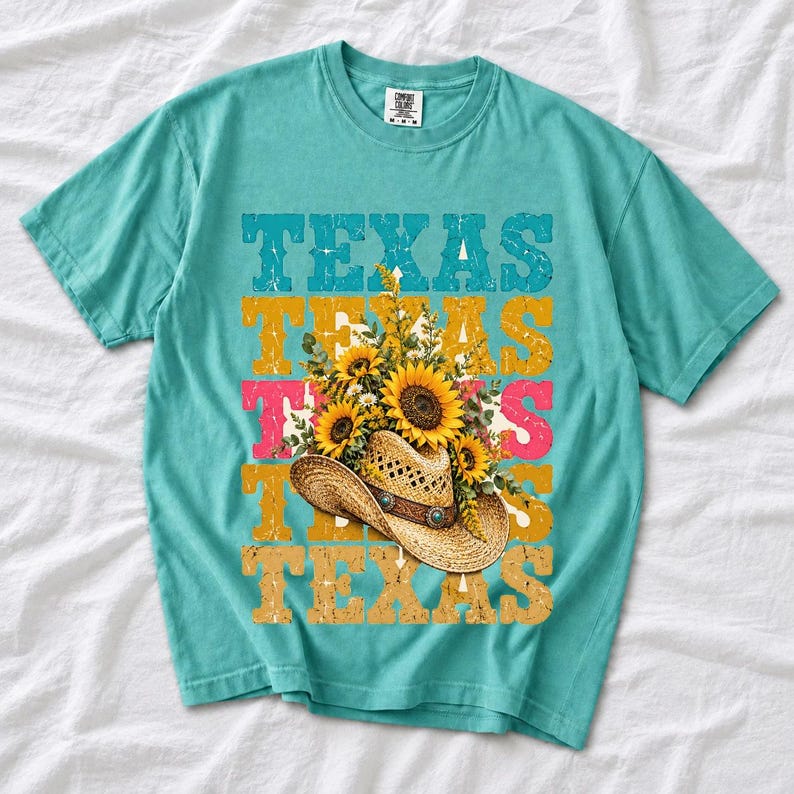 Straw cowboy hat full of sunflowers over a five-line stacked TEXAS word in retro western colors