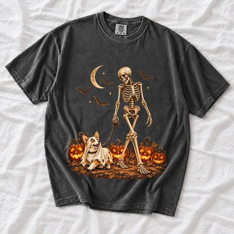A skeleton walking a corgi in a ghost costume past carved pumpkins under a crescent moon